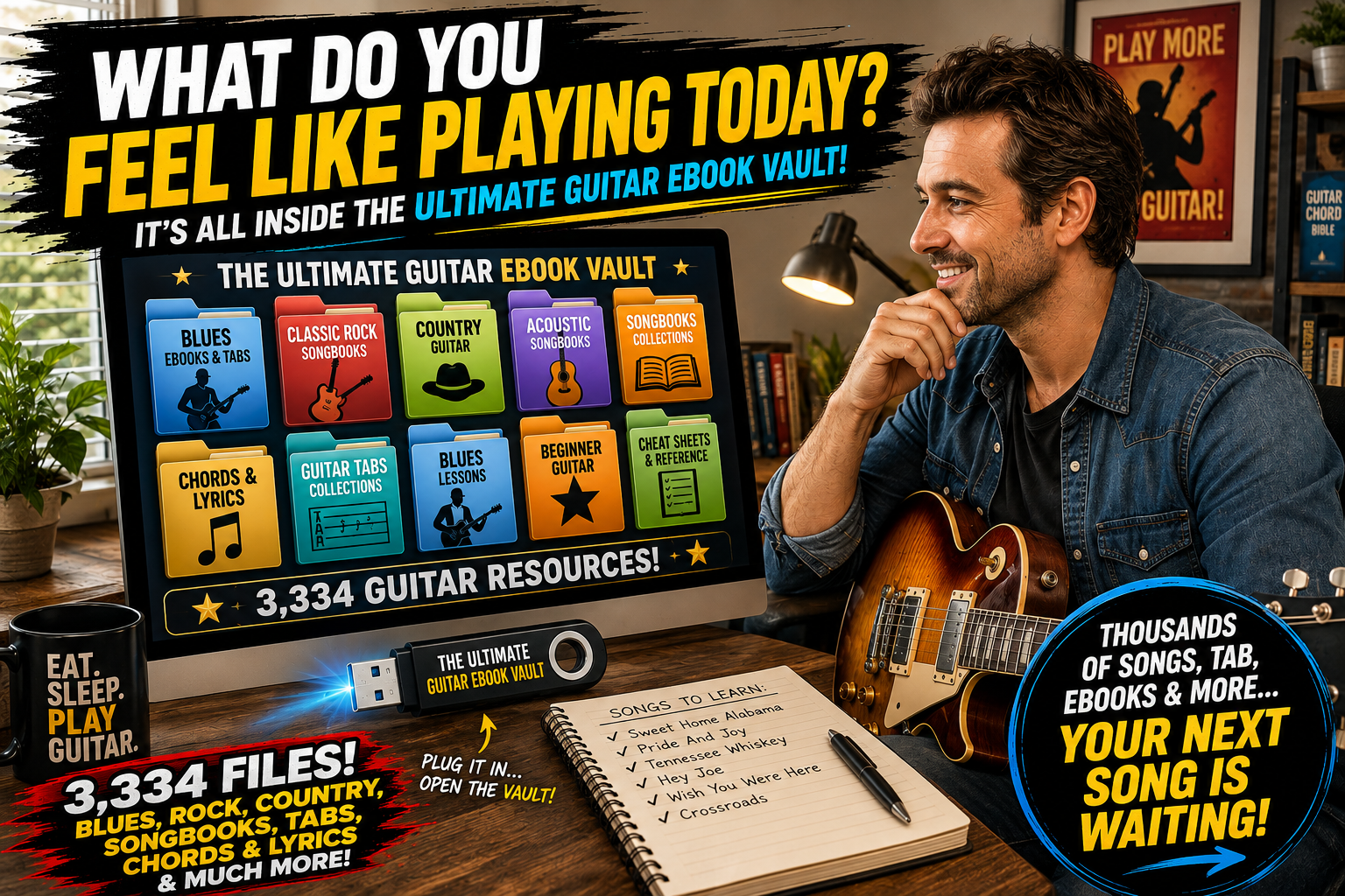 Guitar player browsing The Ultimate Guitar eBook Vault